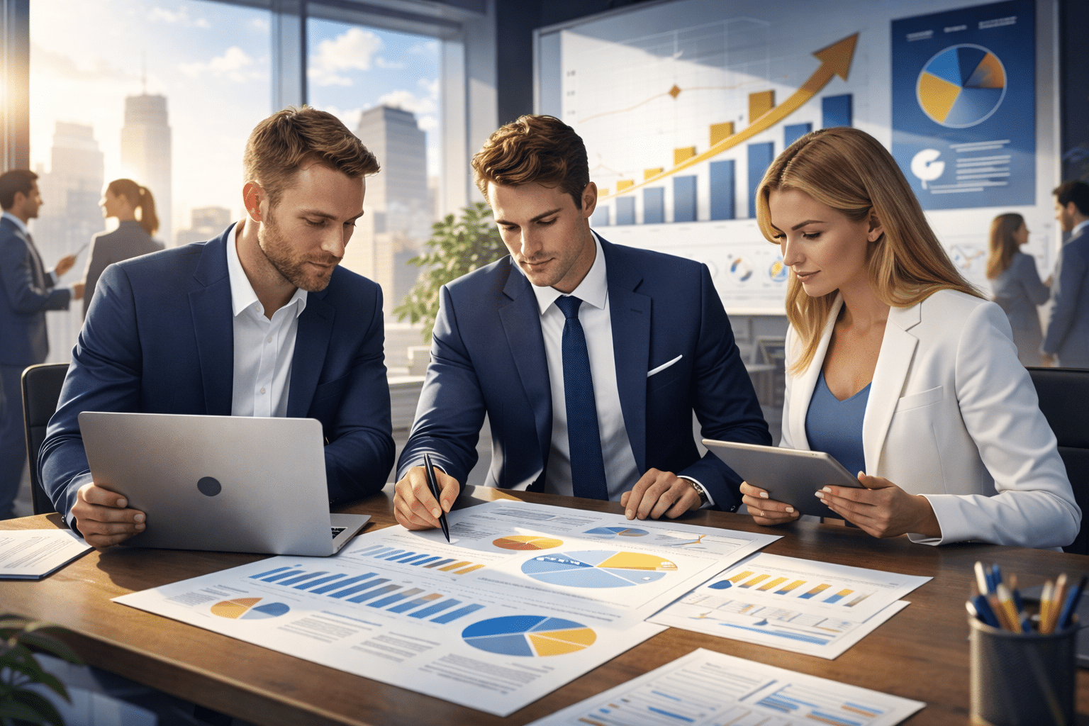 Réunion d'affaires avec graphiques et fenêtres